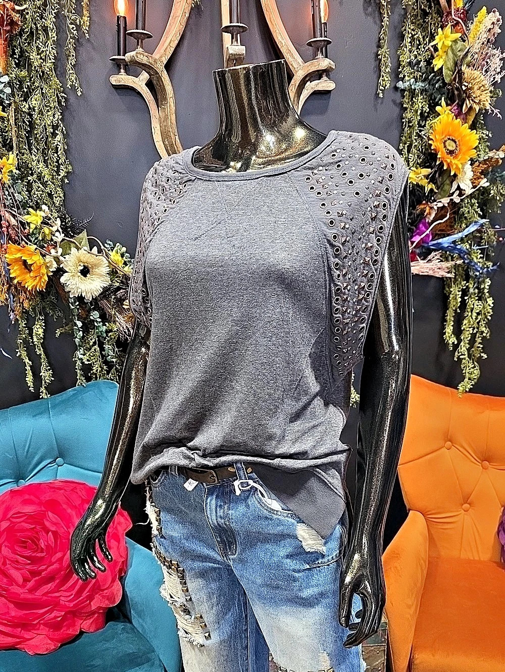 Free People Gray Studded Short Sleeve Top
